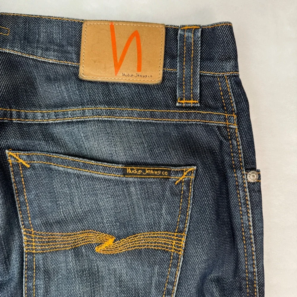 Nudie Jeans Co Slim Jim Dry Indigo Denim Jeans Mens 33x34 Orange Stitch